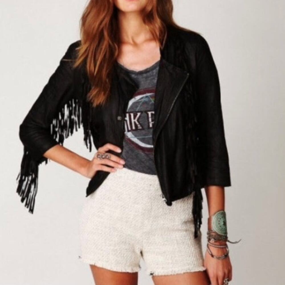 Free People High Waist Cream Textured Fringe Short